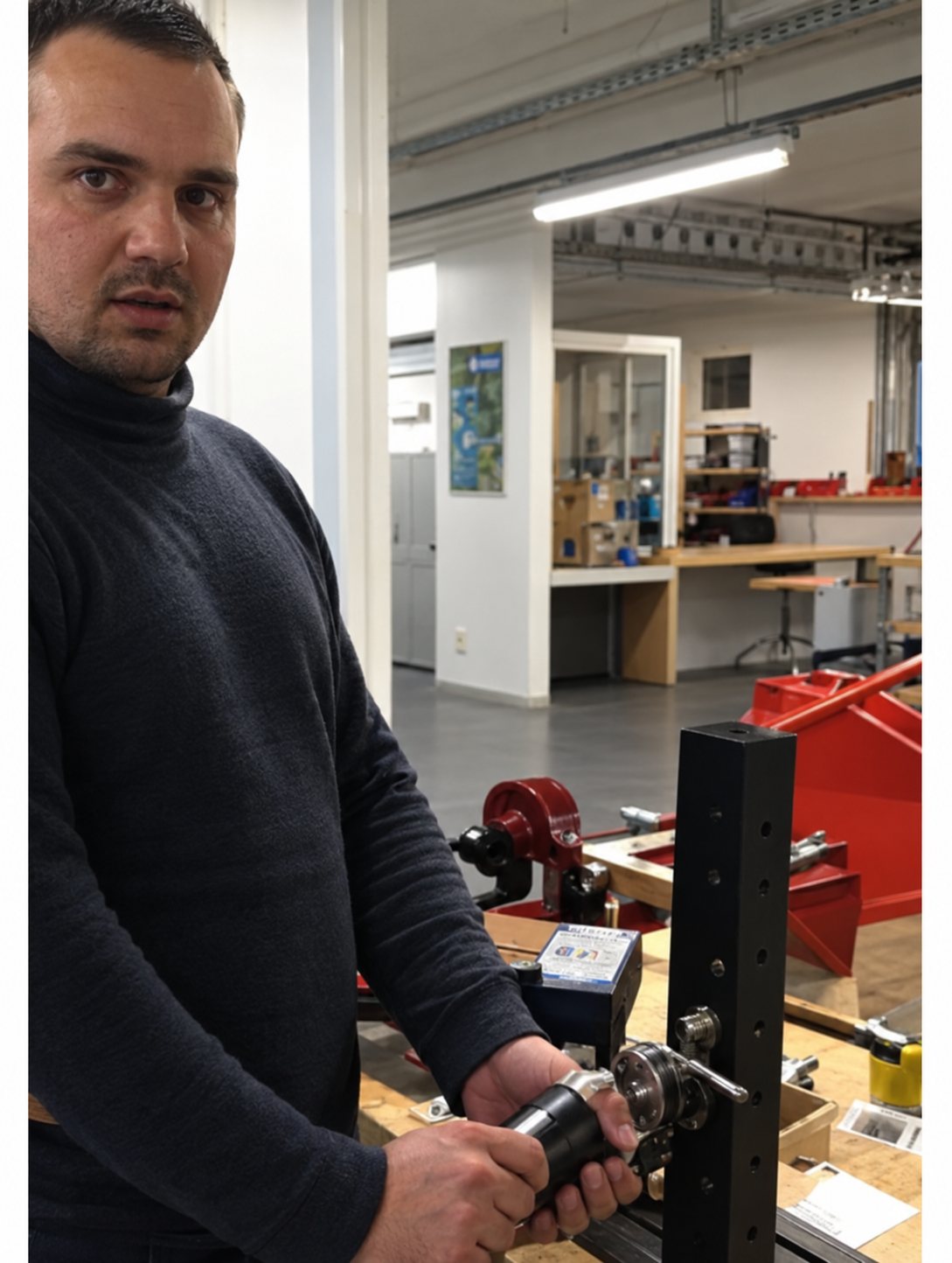 Un homme en pull sombre, debout dans un atelier lumineux, tient un outil de serrurerie posé sur un établi.